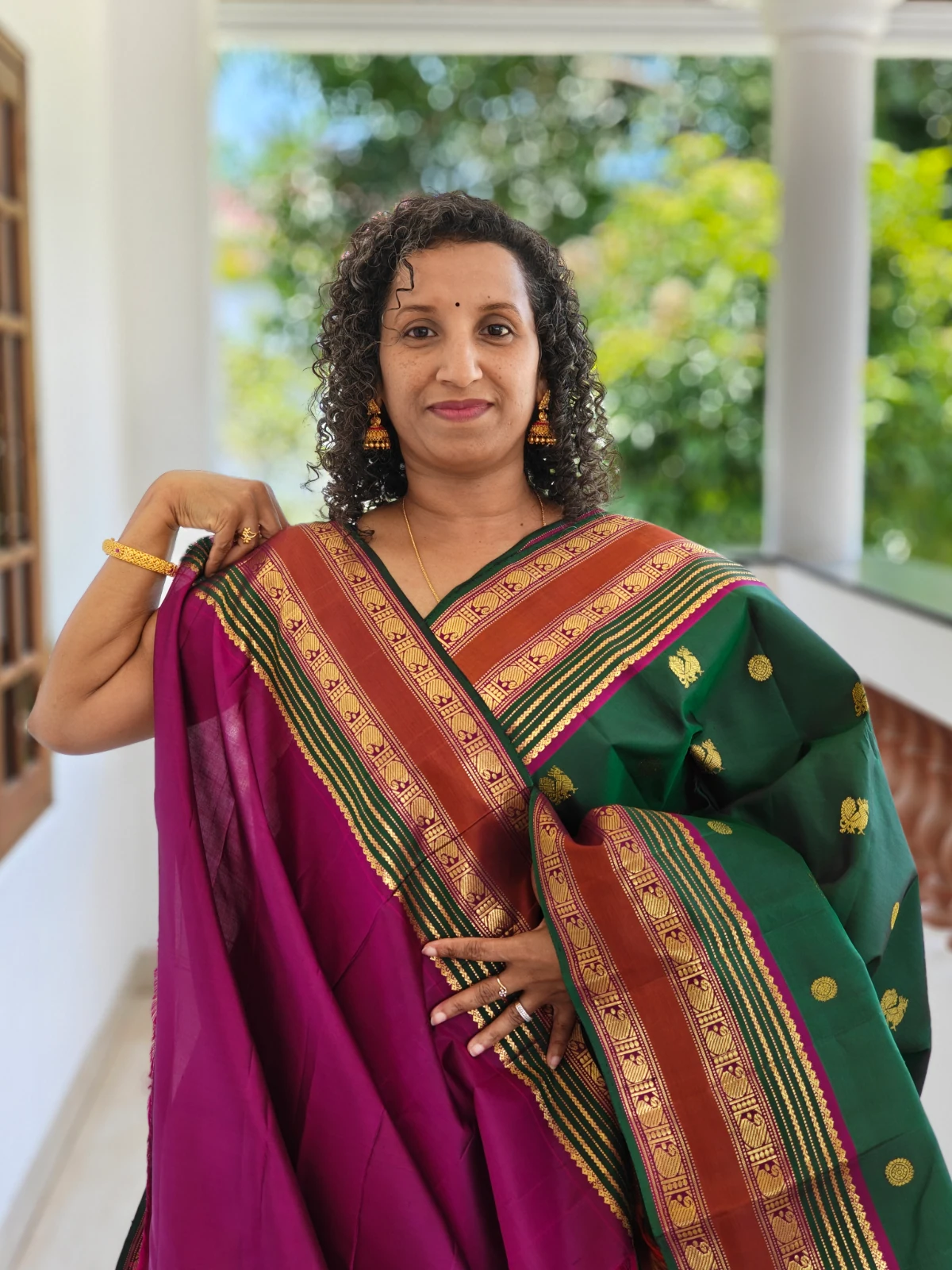 Vintage Bottle Green And Pink Kanchipuram Pure Silk Saree With Gap Border Pks027 3